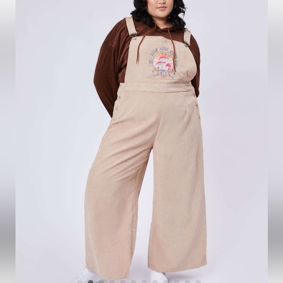 Cider Corduroy Mushroom Overalls‎ Plus Size 2X Wide Leg Boho Floral Embroidered - Picture 1 of 9